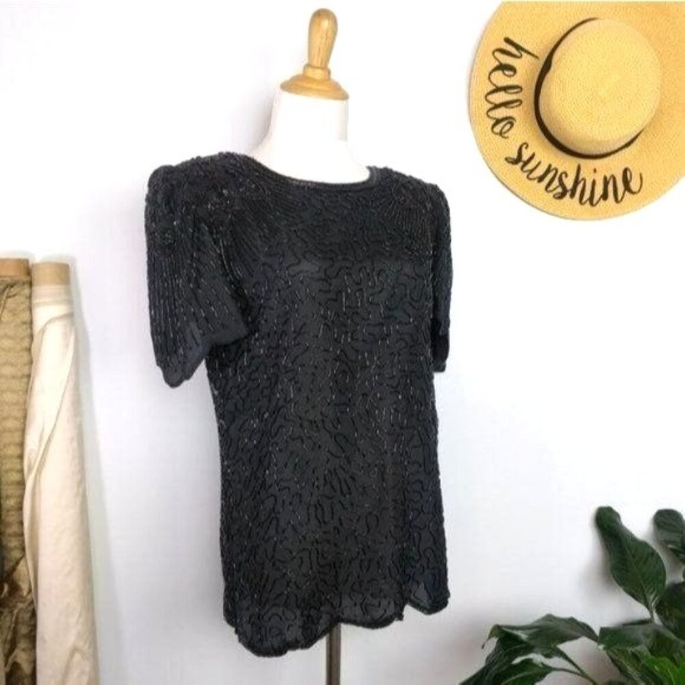 Vintage 80s Sequin Beaded Silk Art Deco Top All Black S